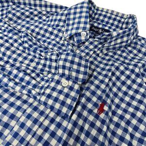 Ralph Lauren Flannel Blue & White Gingham Long Sleeve Button-Down Shirt‎ Size 14